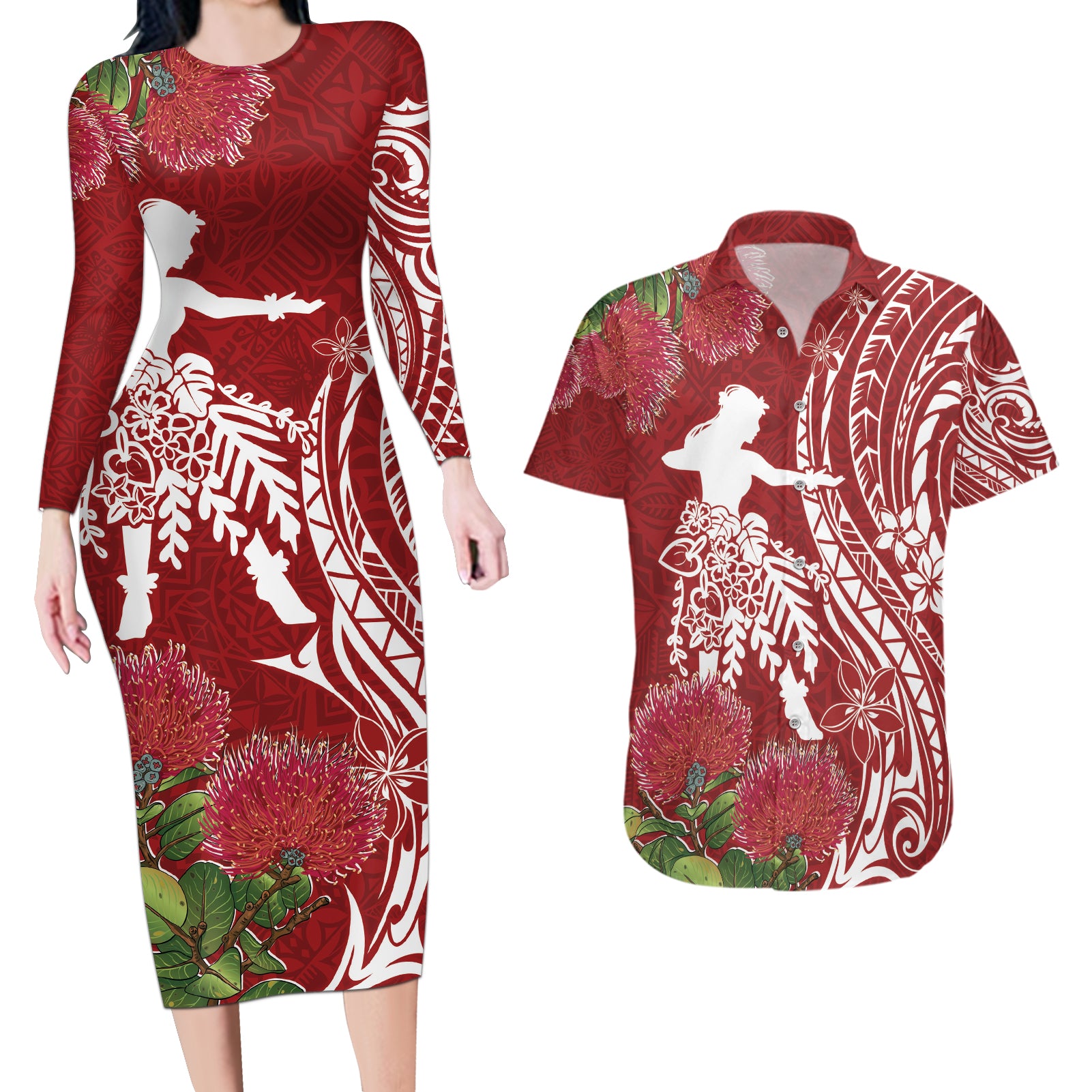 Personalised Hawaii Wahine Couples Matching Long Sleeve Bodycon Dress and Hawaiian Shirt Women's Day Ohia Lehua LT7 Red - Polynesian Pride