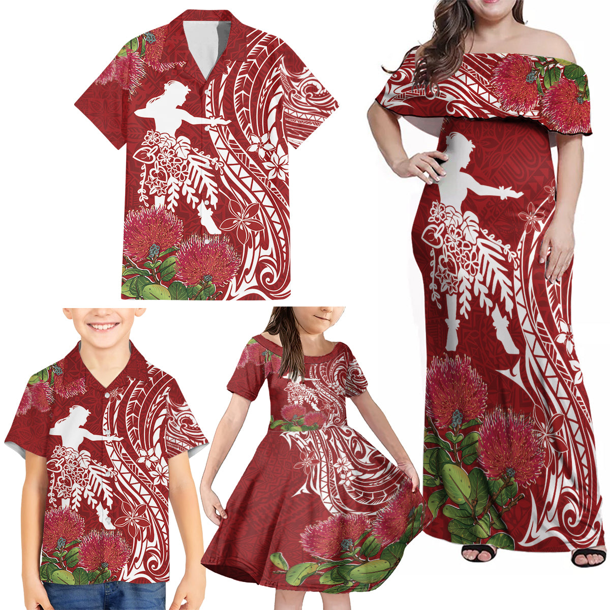 Personalised Hawaii Wahine Family Matching Off Shoulder Maxi Dress and Hawaiian Shirt Women's Day Ohia Lehua LT7 - Polynesian Pride