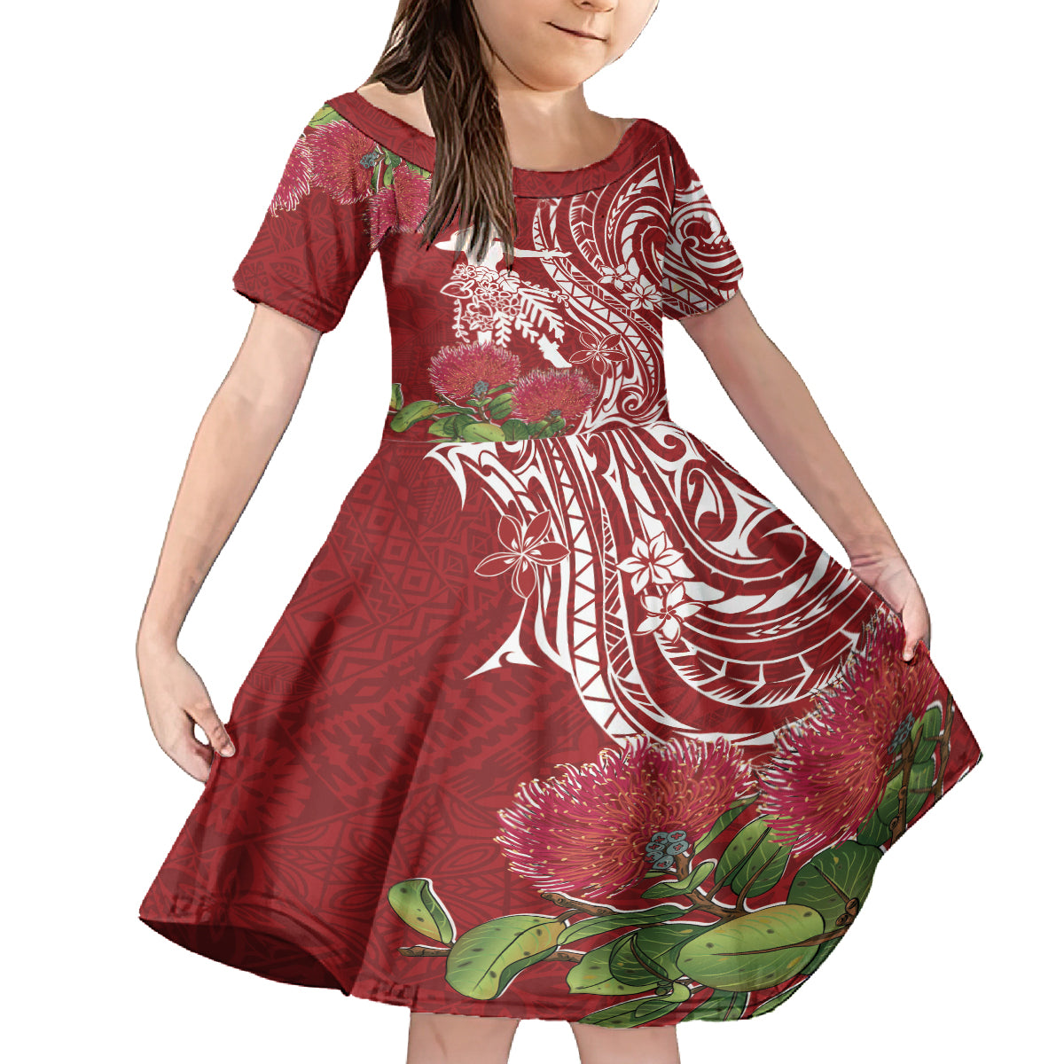 Personalised Hawaii Wahine Family Matching Tank Maxi Dress and Hawaiian Shirt Women's Day Ohia Lehua LT7 Daughter's Dress Red - Polynesian Pride