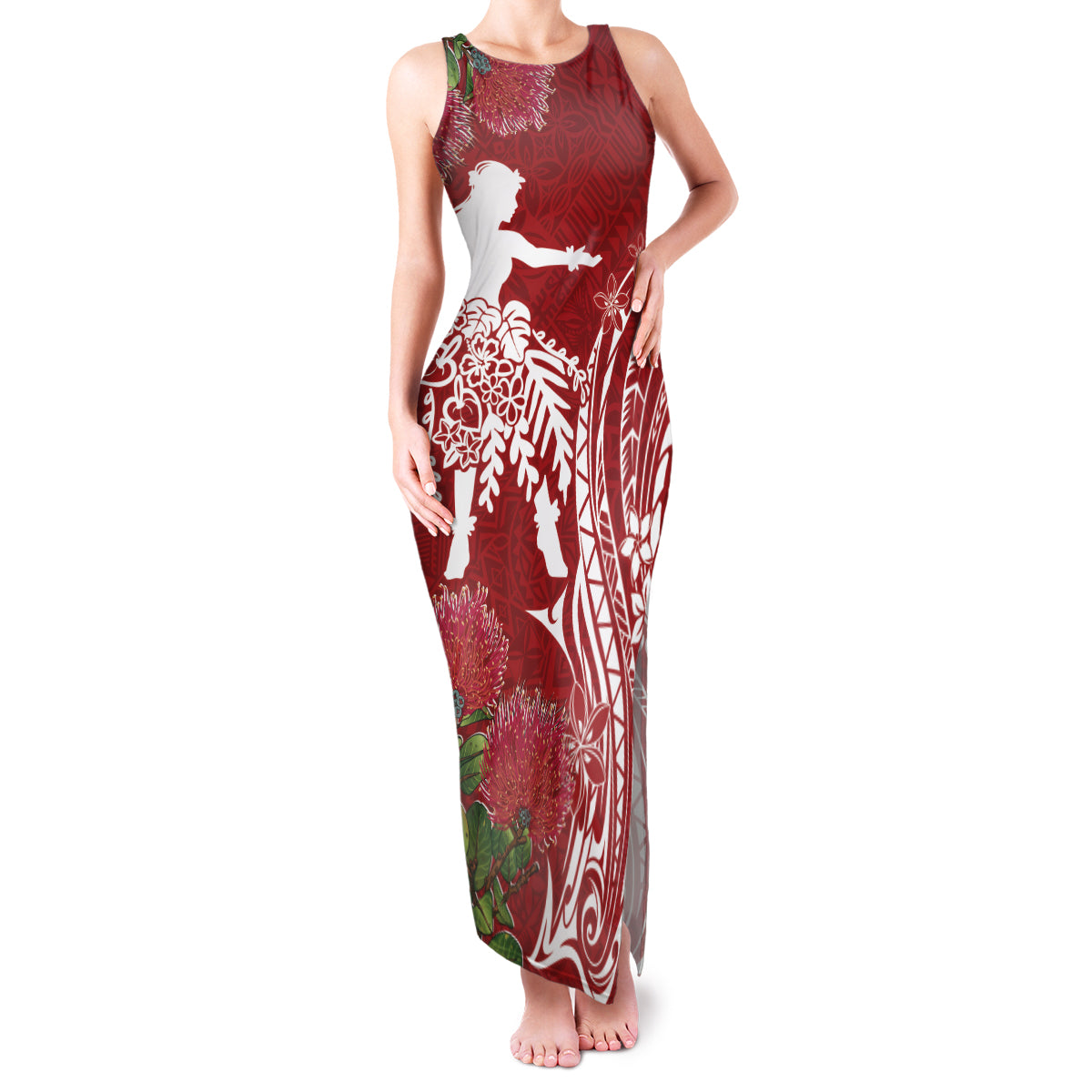 Personalised Hawaii Wahine Family Matching Tank Maxi Dress and Hawaiian Shirt Women's Day Ohia Lehua LT7 Mom's Dress Red - Polynesian Pride