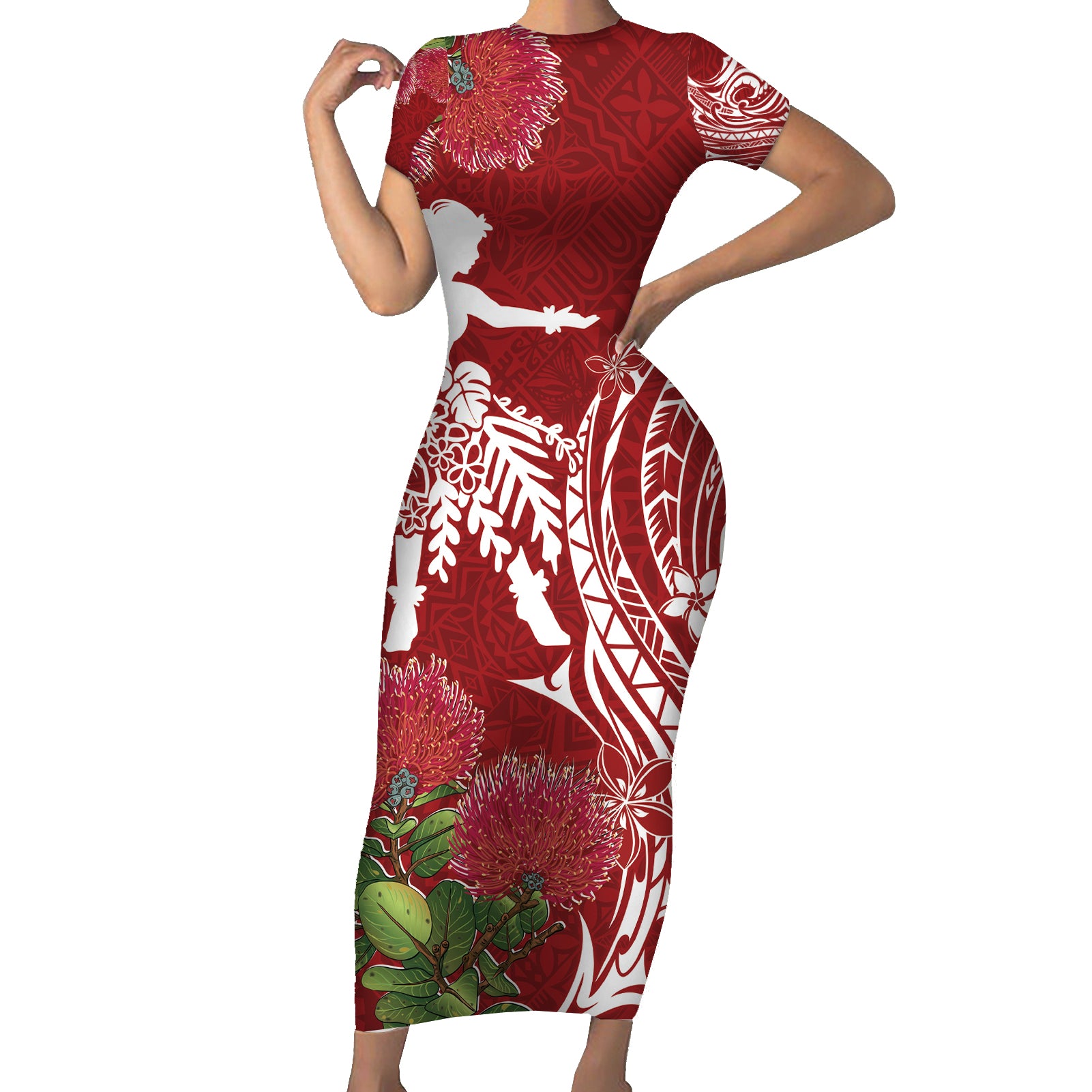 Personalised Hawaii Wahine Short Sleeve Bodycon Dress Women's Day Ohia Lehua LT7 Long Dress Red - Polynesian Pride