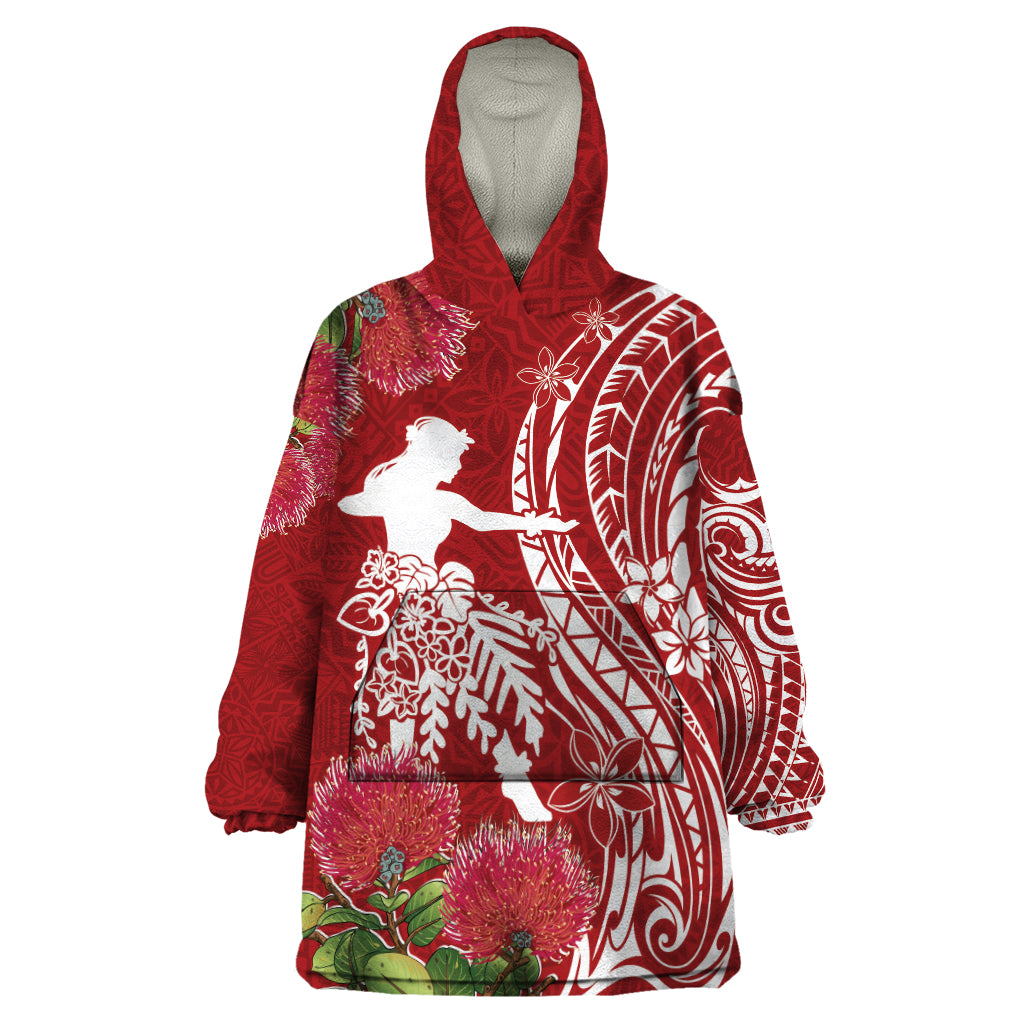 Personalised Hawaii Wahine Wearable Blanket Hoodie Women's Day Ohia Lehua LT7 One Size Red - Polynesian Pride