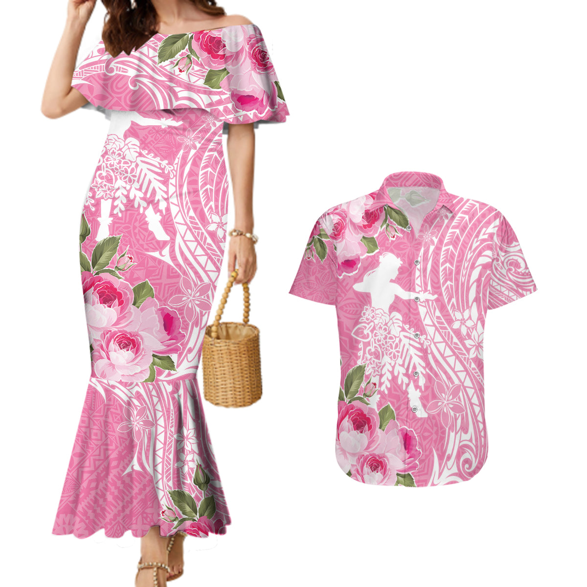 Personalised Hawaii Wahine Couples Matching Mermaid Dress and Hawaiian Shirt Women's Day Maui Lokelani Roses LT7 Pink - Polynesian Pride