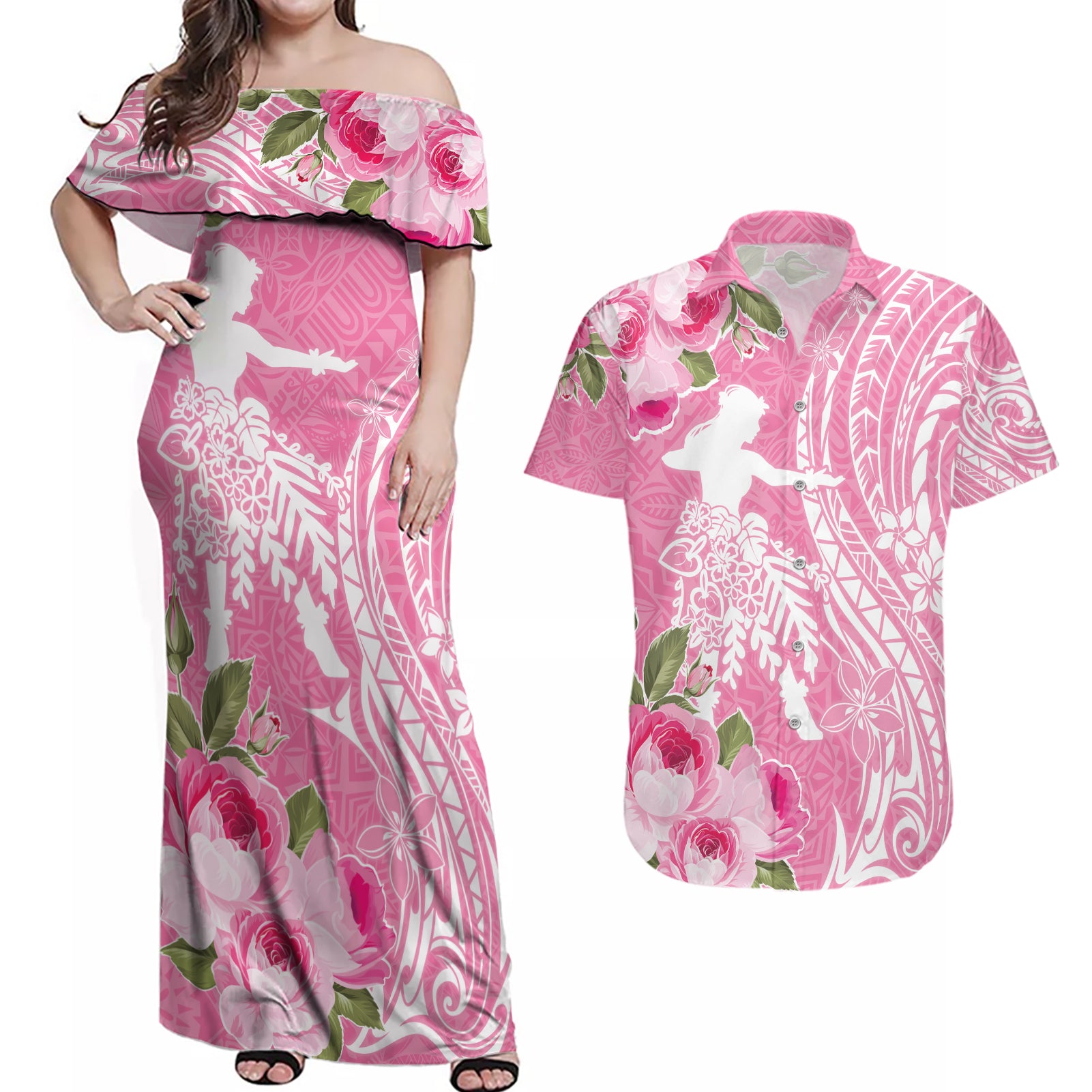 Personalised Hawaii Wahine Couples Matching Off Shoulder Maxi Dress and Hawaiian Shirt Women's Day Maui Lokelani Roses LT7 Pink - Polynesian Pride