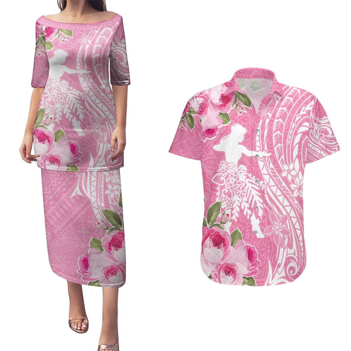 Personalised Hawaii Wahine Couples Matching Puletasi and Hawaiian Shirt Women's Day Maui Lokelani Roses LT7 Pink - Polynesian Pride