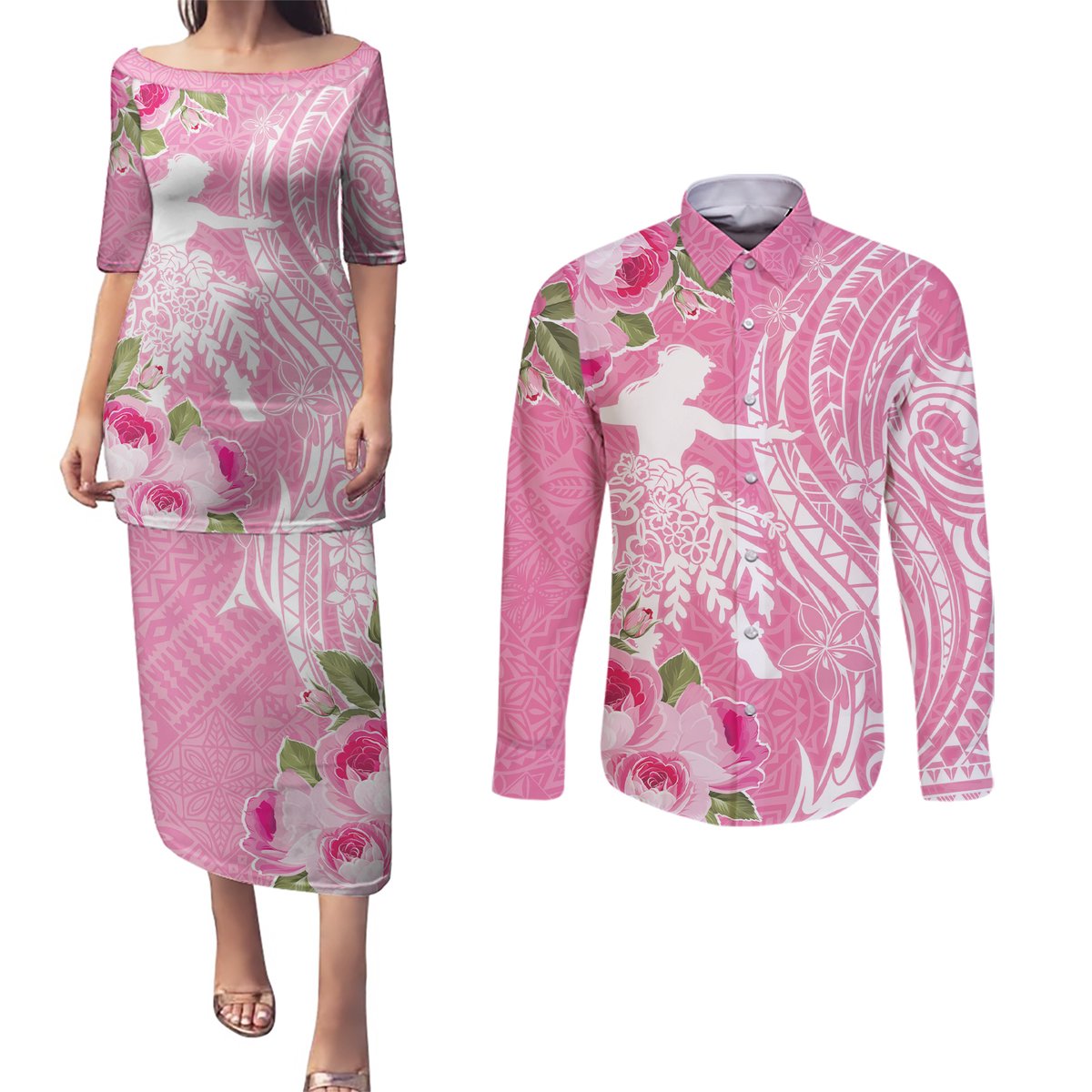 Personalised Hawaii Wahine Couples Matching Puletasi and Long Sleeve Button Shirt Women's Day Maui Lokelani Roses LT7 Pink - Polynesian Pride