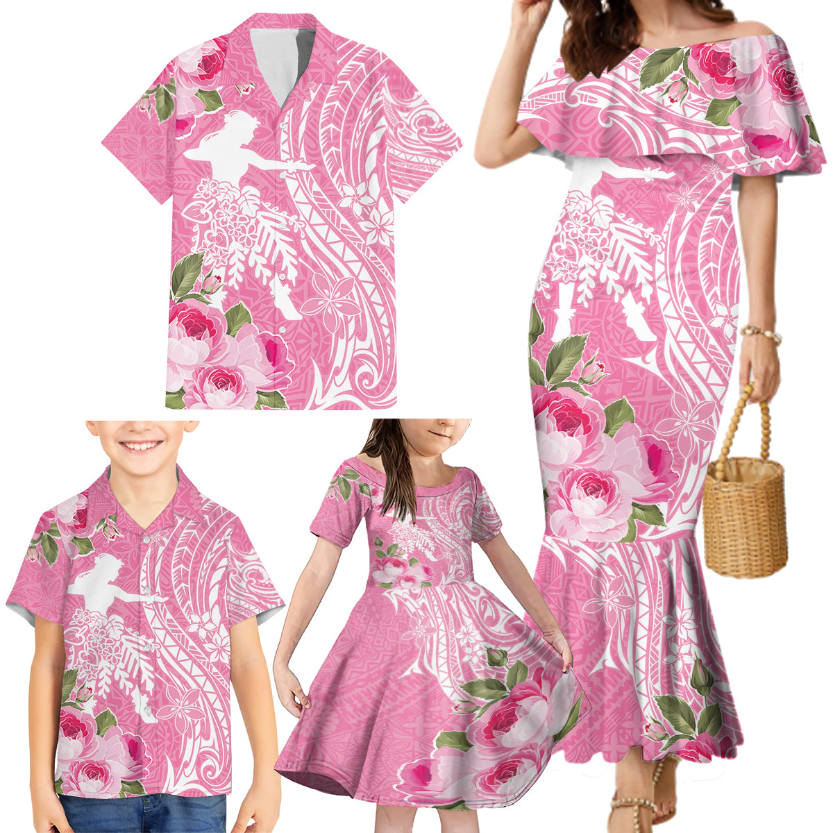 Personalised Hawaii Wahine Family Matching Mermaid Dress and Hawaiian Shirt Women's Day Maui Lokelani Roses LT7 - Polynesian Pride