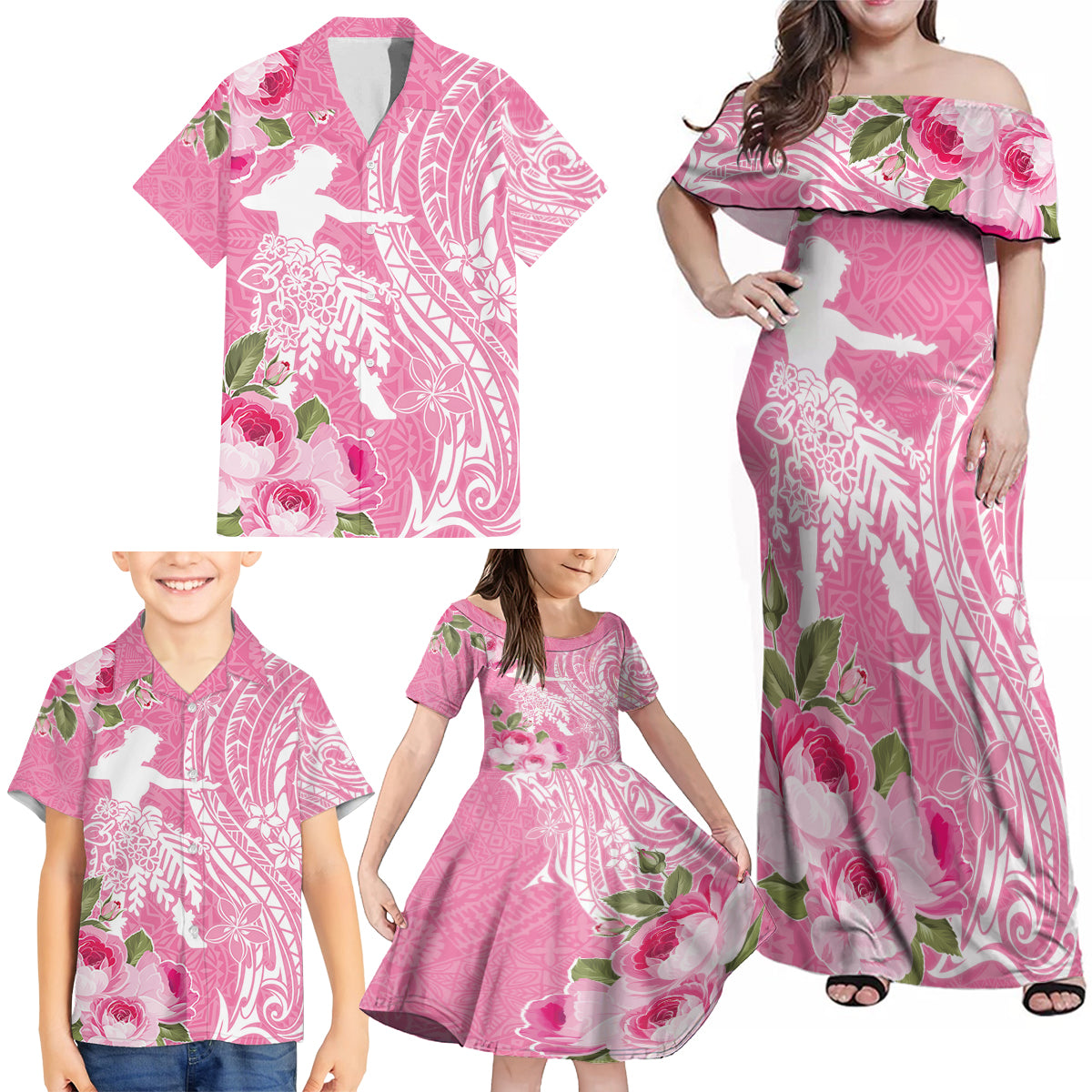 Personalised Hawaii Wahine Family Matching Off Shoulder Maxi Dress and Hawaiian Shirt Women's Day Maui Lokelani Roses LT7 - Polynesian Pride