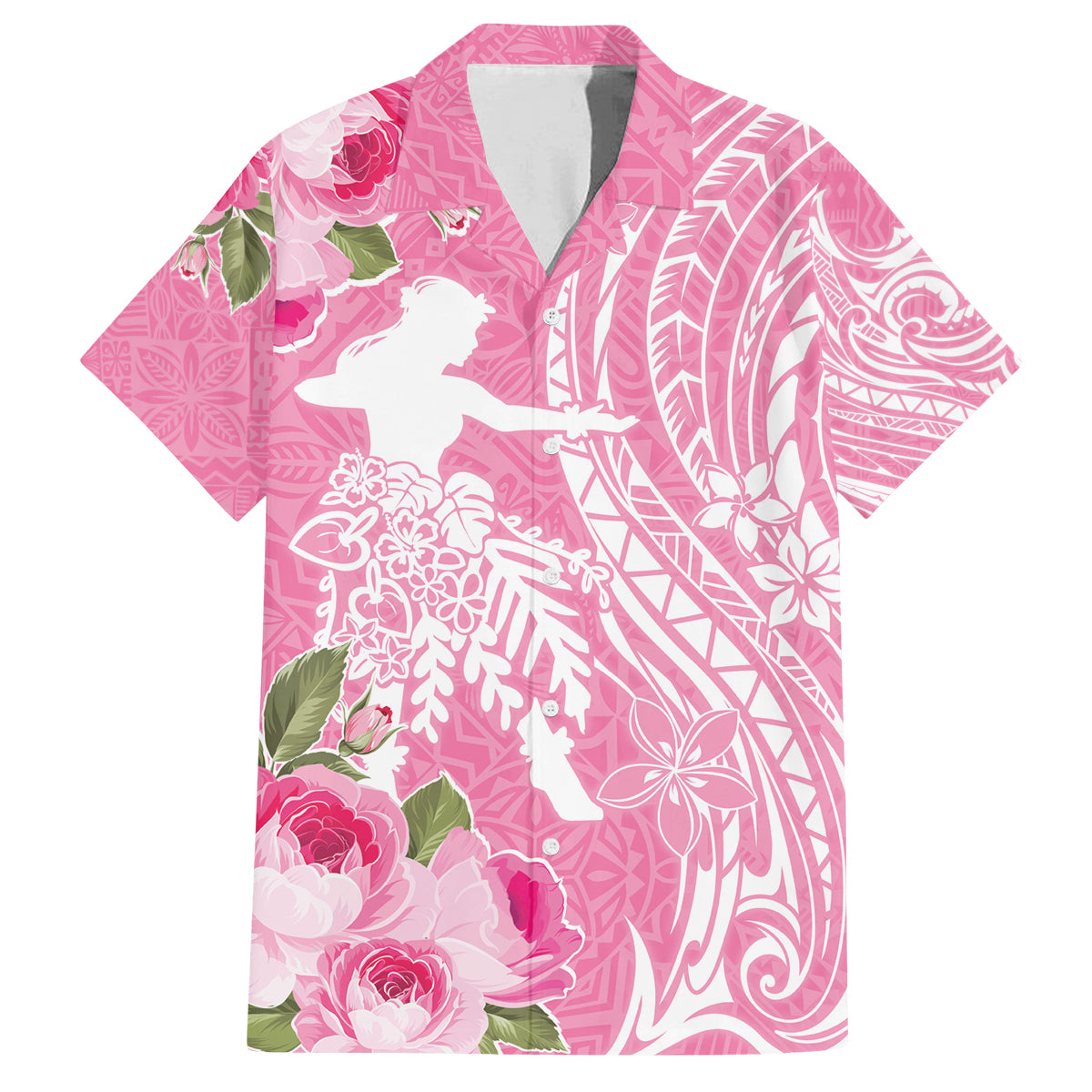 Personalised Hawaii Wahine Family Matching Off Shoulder Maxi Dress and Hawaiian Shirt Women's Day Maui Lokelani Roses LT7 Dad's Shirt - Short Sleeve Pink - Polynesian Pride