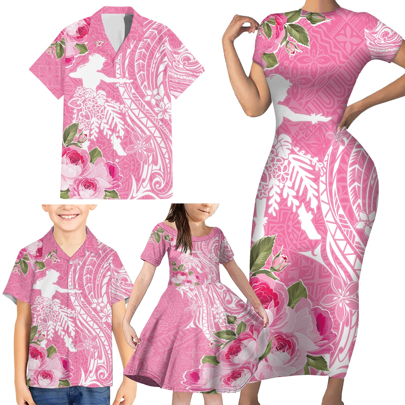 Personalised Hawaii Wahine Family Matching Short Sleeve Bodycon Dress and Hawaiian Shirt Women's Day Maui Lokelani Roses LT7 - Polynesian Pride