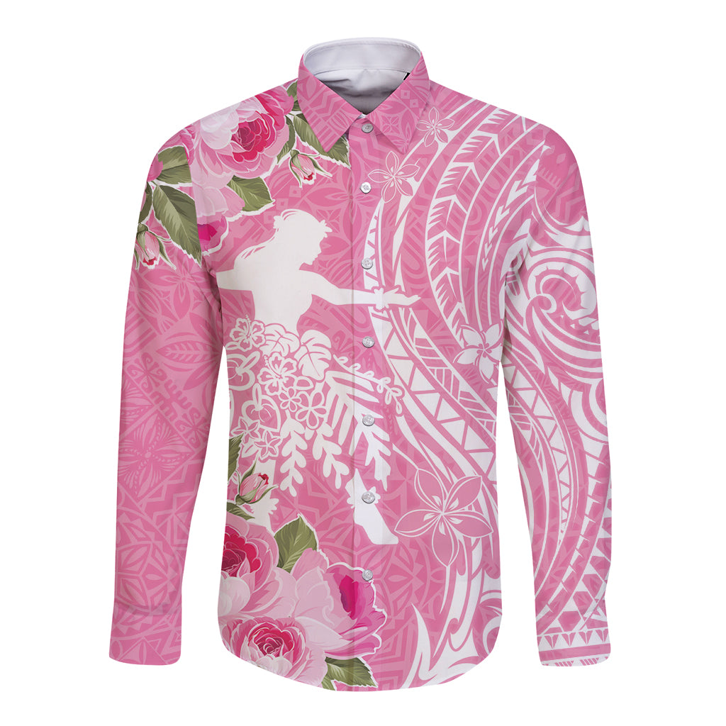 Personalised Hawaii Wahine Long Sleeve Button Shirt Women's Day Maui Lokelani Roses LT7 Unisex Pink - Polynesian Pride