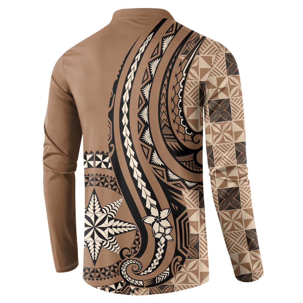 Personalized Tonga Ngatu Button Sweatshirt Vintage Brown Manulua Motifs LT7 - Polynesian Pride