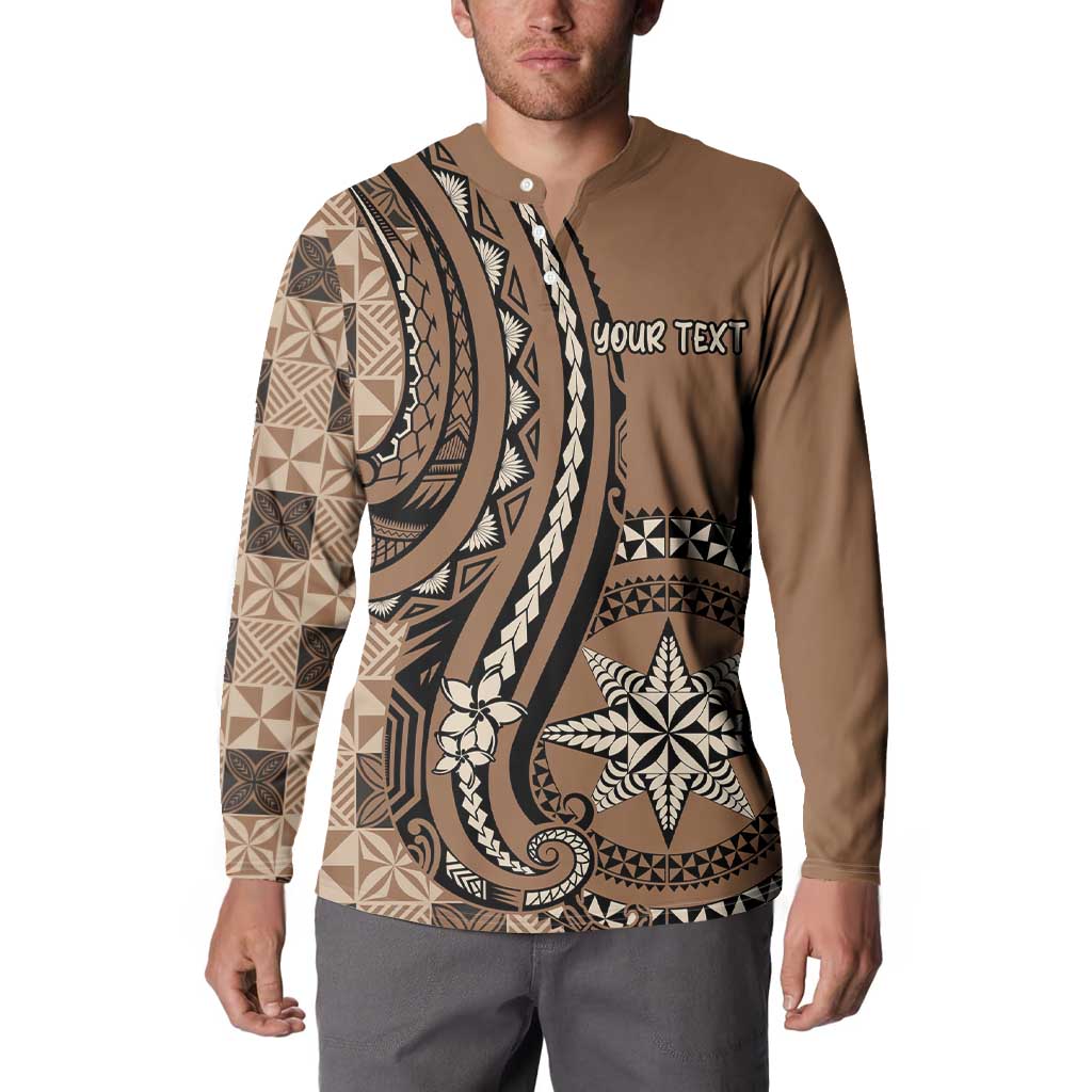 Personalized Tonga Ngatu Button Sweatshirt Vintage Brown Manulua Motifs LT7 - Polynesian Pride