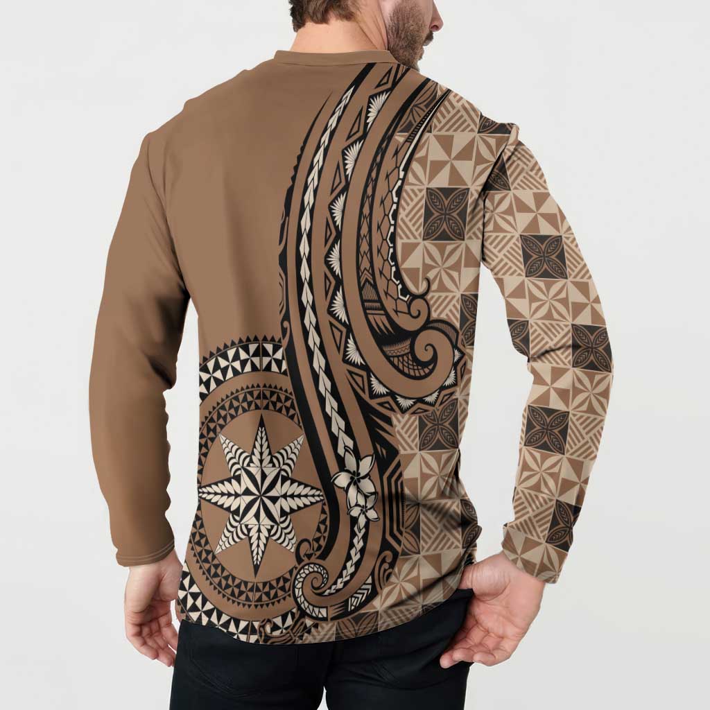Personalized Tonga Ngatu Button Sweatshirt Vintage Brown Manulua Motifs LT7 - Polynesian Pride