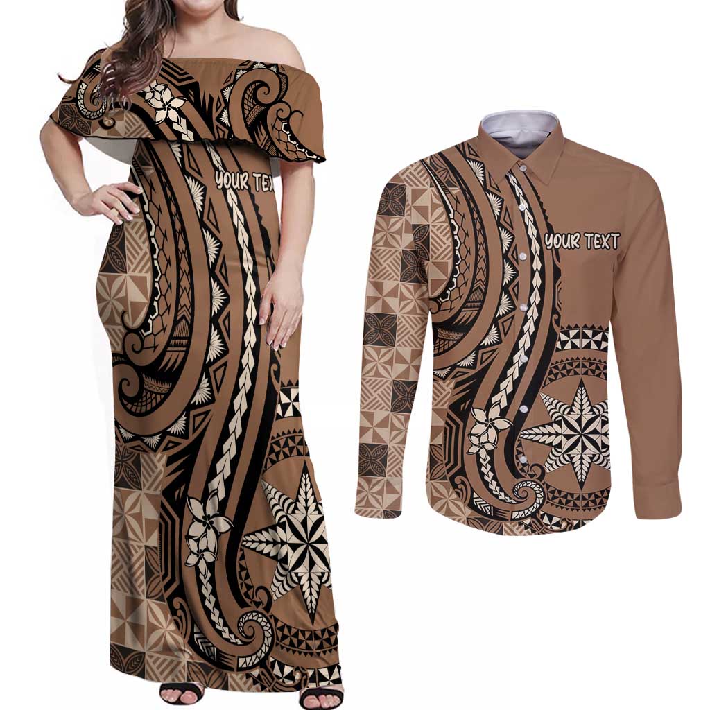 Personalized Tonga Ngatu Couples Matching Off Shoulder Maxi Dress and Long Sleeve Button Shirt Vintage Brown Manulua Motifs