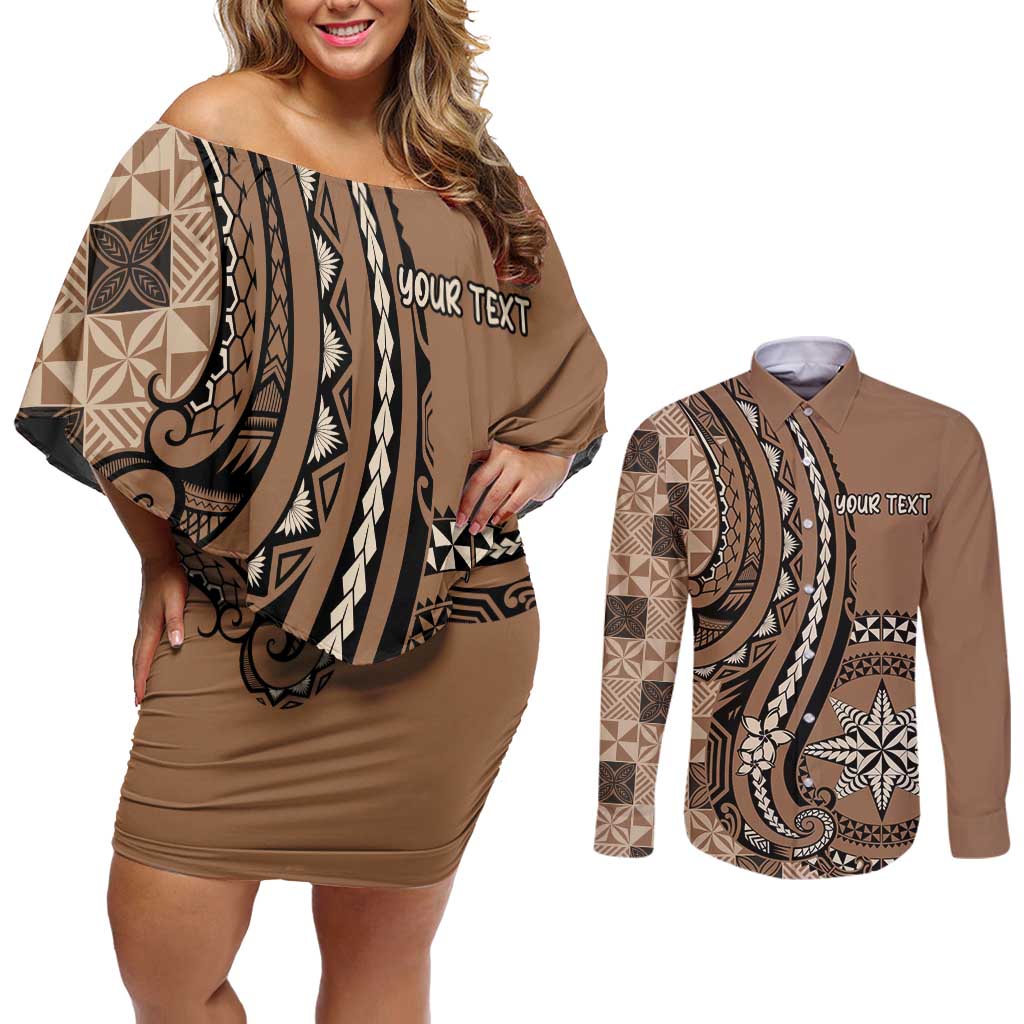 Personalized Tonga Ngatu Couples Matching Off Shoulder Short Dress and Long Sleeve Button Shirt Vintage Brown Manulua Motifs