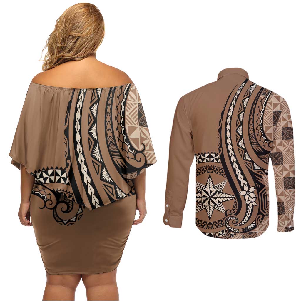 Personalized Tonga Ngatu Couples Matching Off Shoulder Short Dress and Long Sleeve Button Shirt Vintage Brown Manulua Motifs