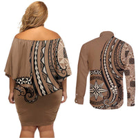 Personalized Tonga Ngatu Couples Matching Off Shoulder Short Dress and Long Sleeve Button Shirt Vintage Brown Manulua Motifs