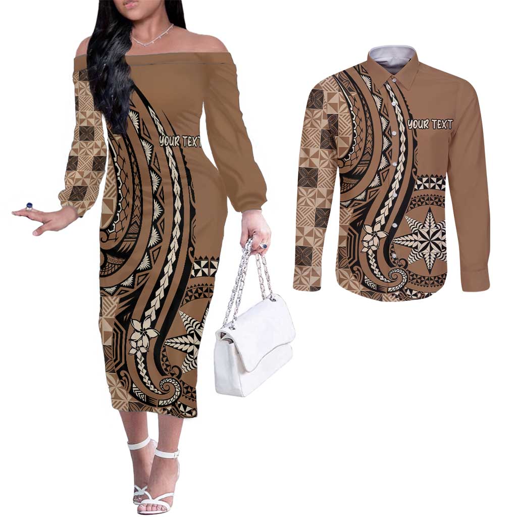 Personalized Tonga Ngatu Couples Matching Off The Shoulder Long Sleeve Dress and Long Sleeve Button Shirt Vintage Brown Manulua Motifs LT7 Brown - Polynesian Pride