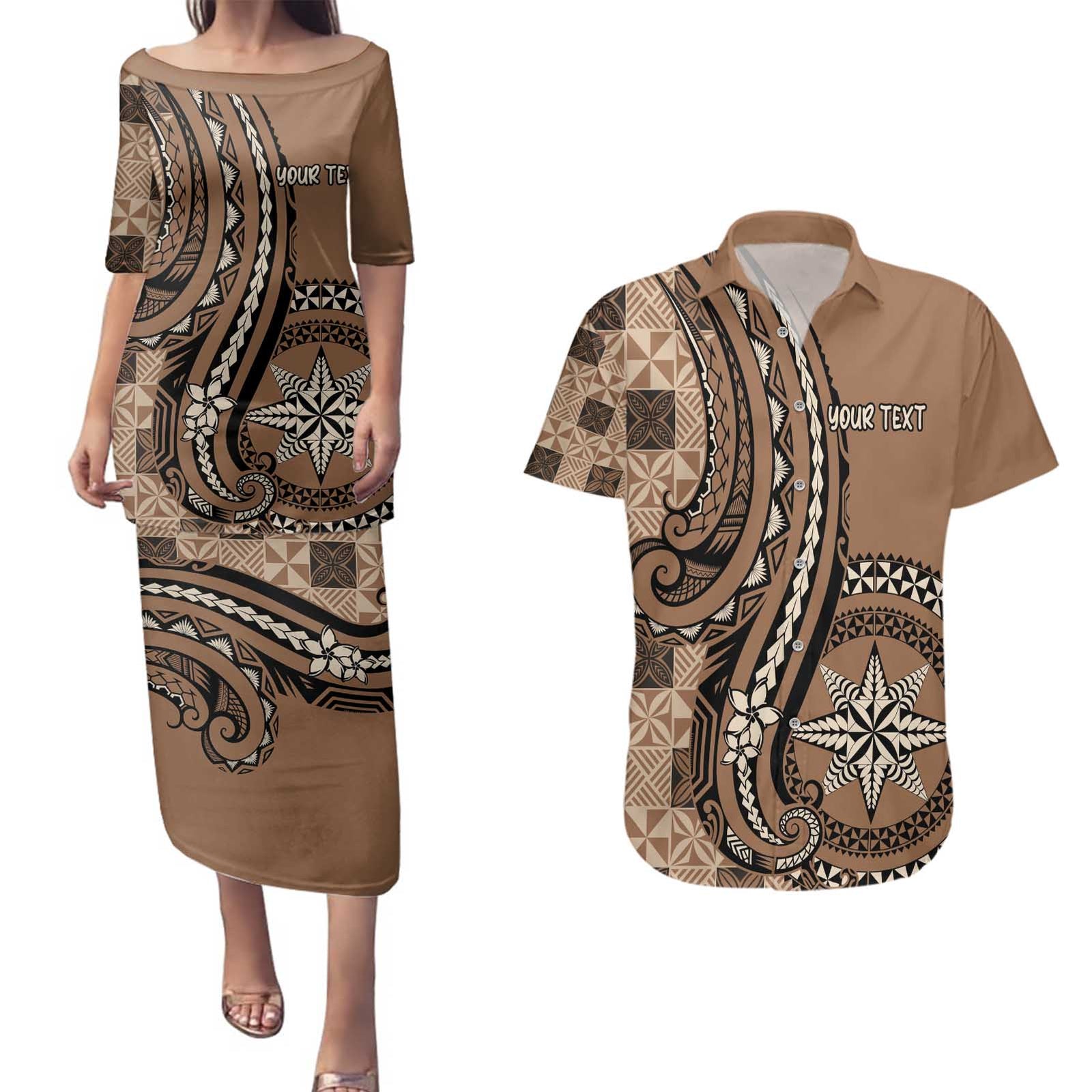 Personalized Tonga Ngatu Couples Matching Puletasi and Hawaiian Shirt Vintage Brown Manulua Motifs LT7 Brown - Polynesian Pride