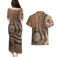 Personalized Tonga Ngatu Couples Matching Puletasi and Hawaiian Shirt Vintage Brown Manulua Motifs LT7 - Polynesian Pride