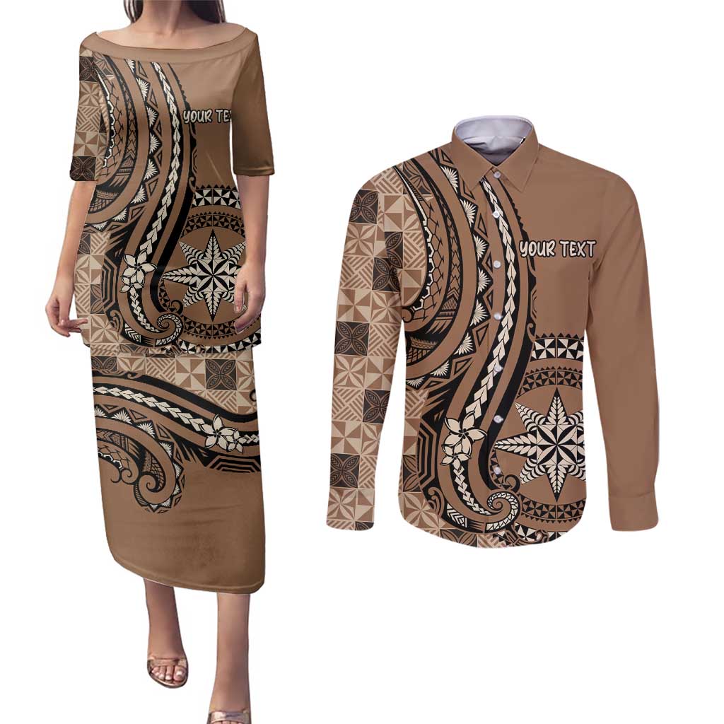 Personalized Tonga Ngatu Couples Matching Puletasi and Long Sleeve Button Shirt Vintage Brown Manulua Motifs LT7 Brown - Polynesian Pride