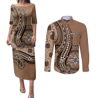 Personalized Tonga Ngatu Couples Matching Puletasi and Long Sleeve Button Shirt Vintage Brown Manulua Motifs LT7 Brown - Polynesian Pride
