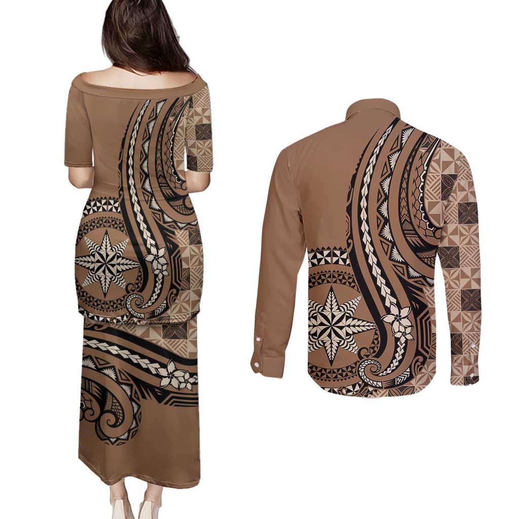 Personalized Tonga Ngatu Couples Matching Puletasi and Long Sleeve Button Shirt Vintage Brown Manulua Motifs LT7 - Polynesian Pride