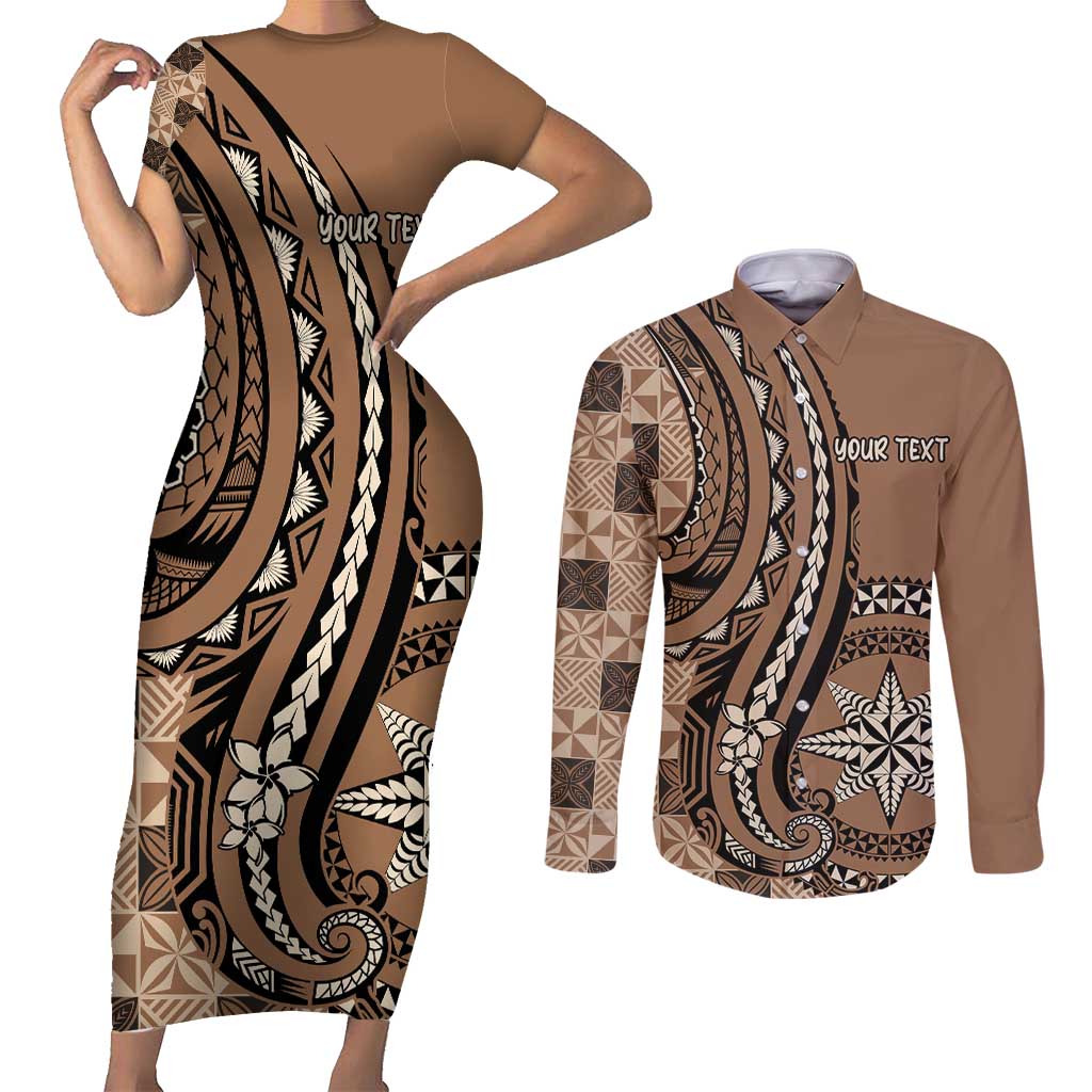 Personalized Tonga Ngatu Couples Matching Short Sleeve Bodycon Dress and Long Sleeve Button Shirt Vintage Brown Manulua Motifs LT7 Brown - Polynesian Pride