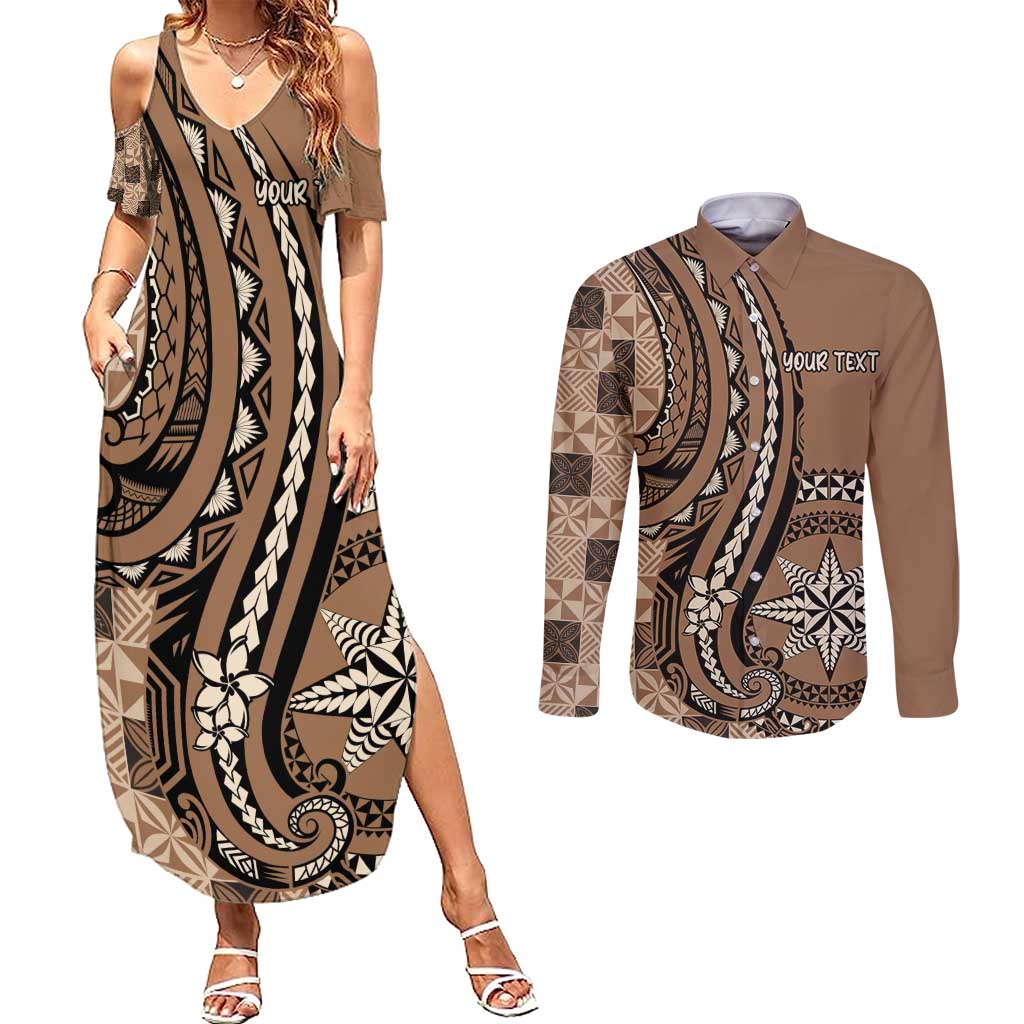 Personalized Tonga Ngatu Couples Matching Summer Maxi Dress and Long Sleeve Button Shirt Vintage Brown Manulua Motifs LT7 Brown - Polynesian Pride