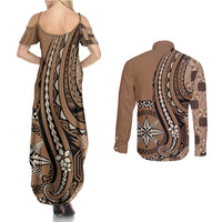 Personalized Tonga Ngatu Couples Matching Summer Maxi Dress and Long Sleeve Button Shirt Vintage Brown Manulua Motifs LT7 - Polynesian Pride