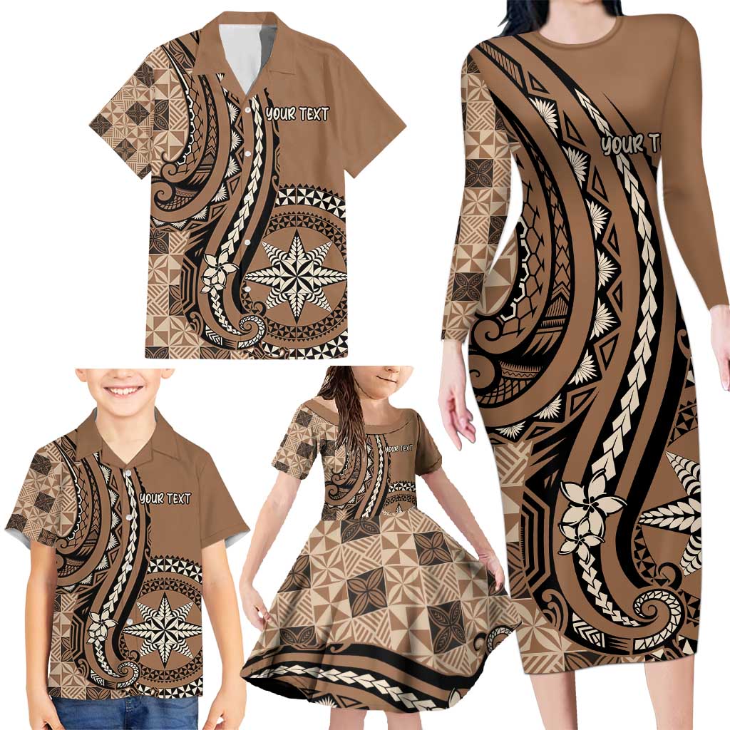 Personalized Tonga Ngatu Family Matching Long Sleeve Bodycon Dress and Hawaiian Shirt Vintage Brown Manulua Motifs