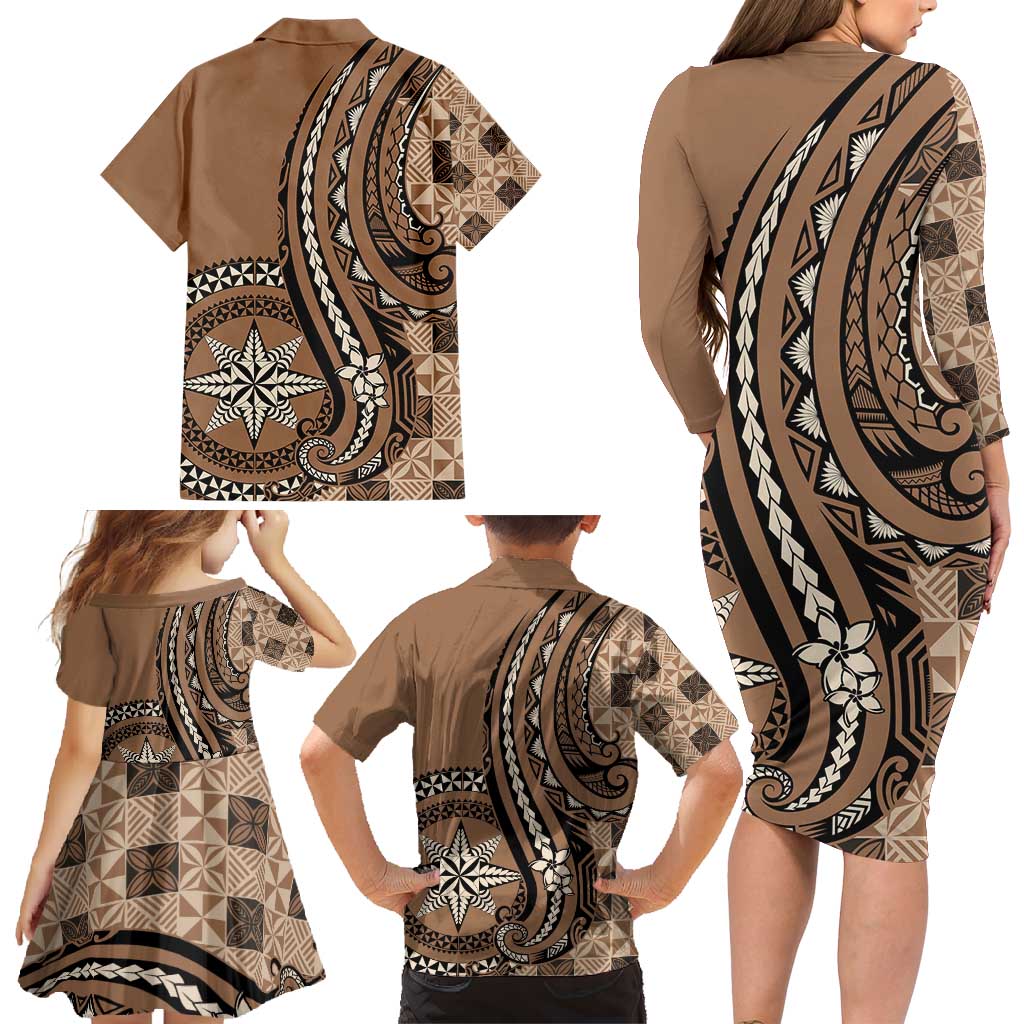 Personalized Tonga Ngatu Family Matching Long Sleeve Bodycon Dress and Hawaiian Shirt Vintage Brown Manulua Motifs