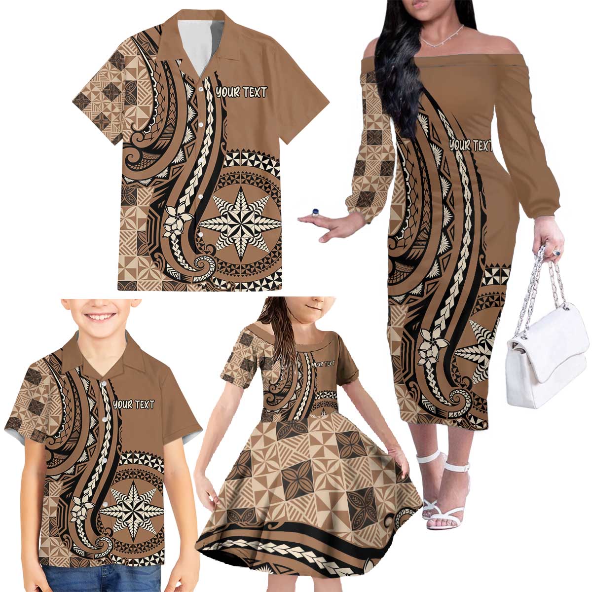 Personalized Tonga Ngatu Family Matching Off The Shoulder Long Sleeve Dress and Hawaiian Shirt Vintage Brown Manulua Motifs
