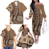 Personalized Tonga Ngatu Family Matching Off The Shoulder Long Sleeve Dress and Hawaiian Shirt Vintage Brown Manulua Motifs