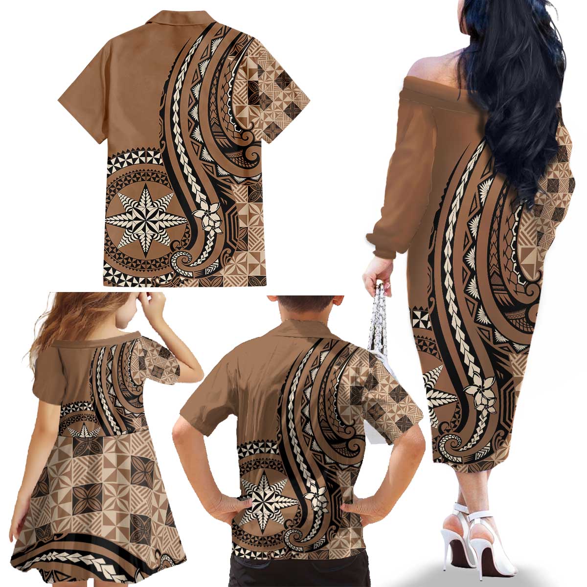 Personalized Tonga Ngatu Family Matching Off The Shoulder Long Sleeve Dress and Hawaiian Shirt Vintage Brown Manulua Motifs