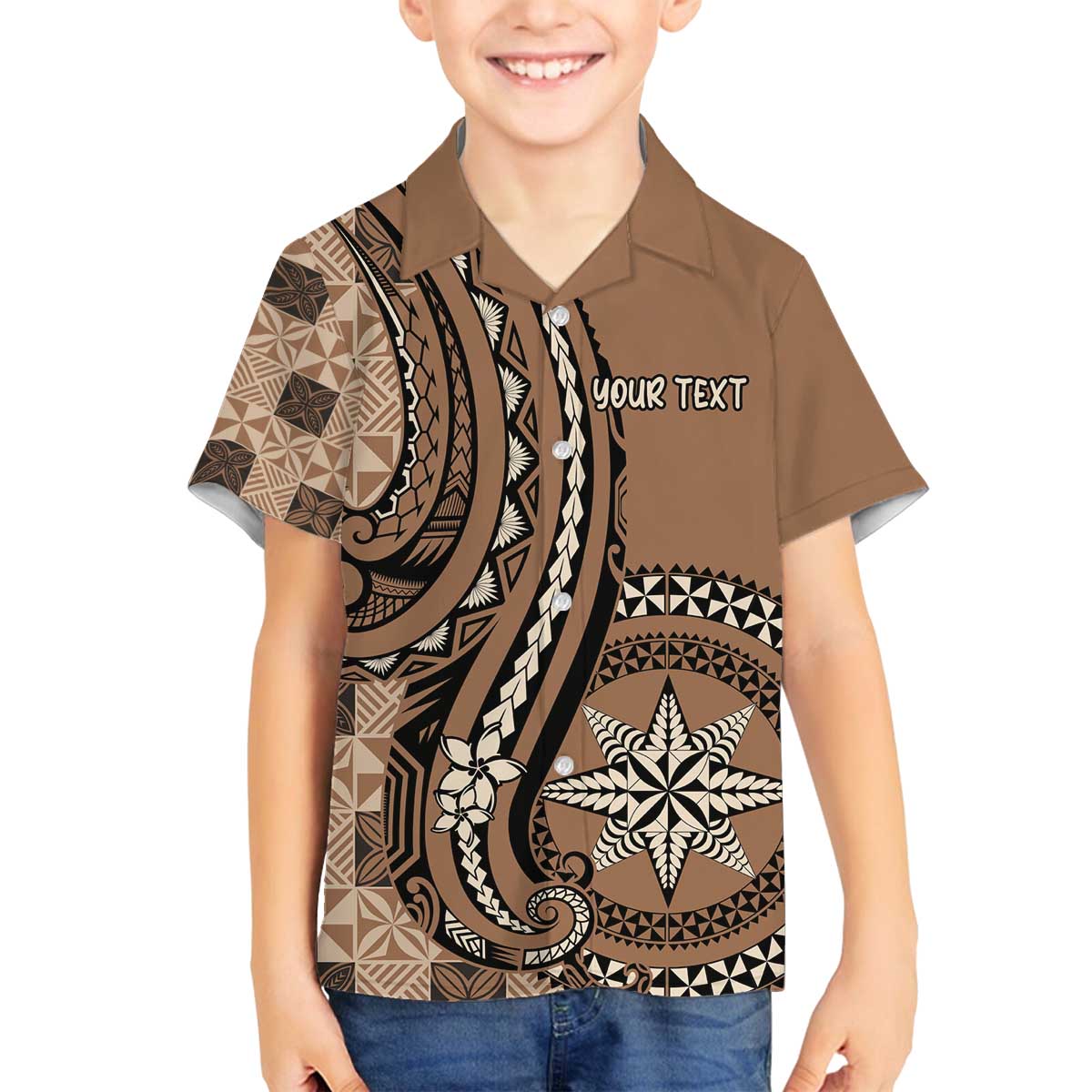 Personalized Tonga Ngatu Family Matching Off The Shoulder Long Sleeve Dress and Hawaiian Shirt Vintage Brown Manulua Motifs