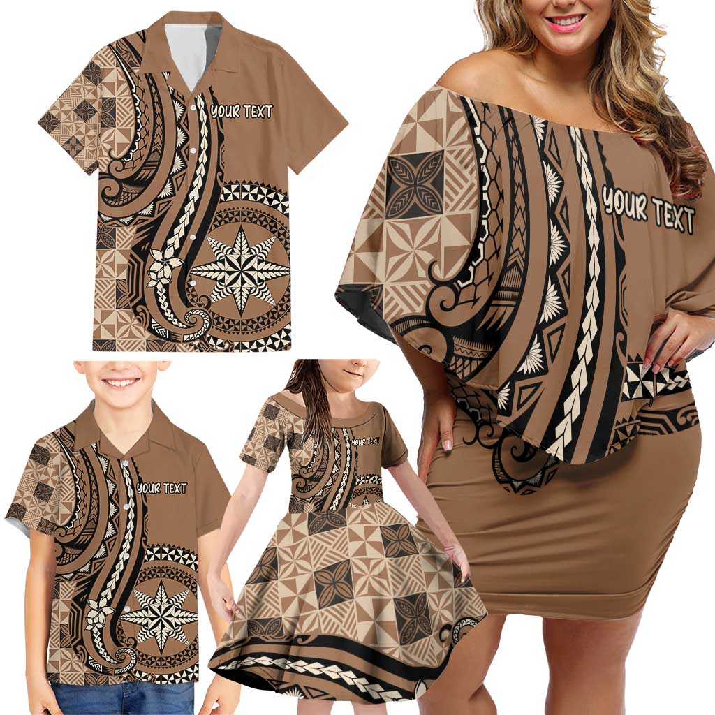 Personalized Tonga Ngatu Family Matching Off Shoulder Short Dress and Hawaiian Shirt Vintage Brown Manulua Motifs