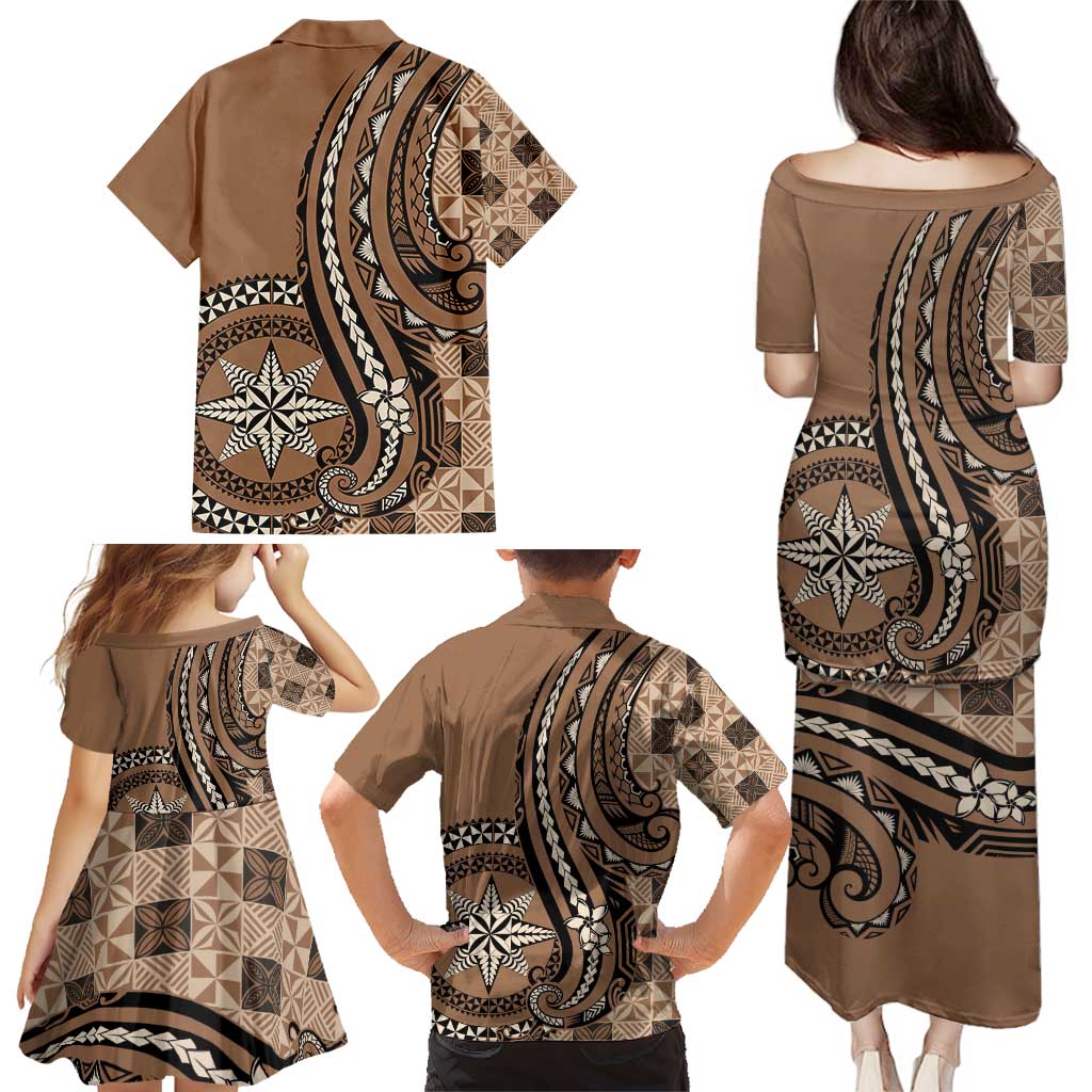 Personalized Tonga Ngatu Family Matching Puletasi and Hawaiian Shirt Vintage Brown Manulua Motifs