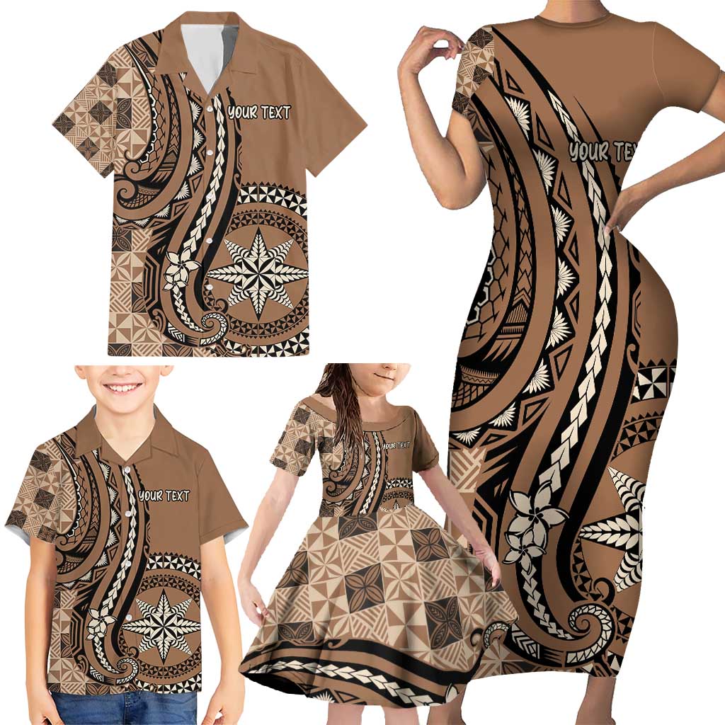 Personalized Tonga Ngatu Family Matching Short Sleeve Bodycon Dress and Hawaiian Shirt Vintage Brown Manulua Motifs