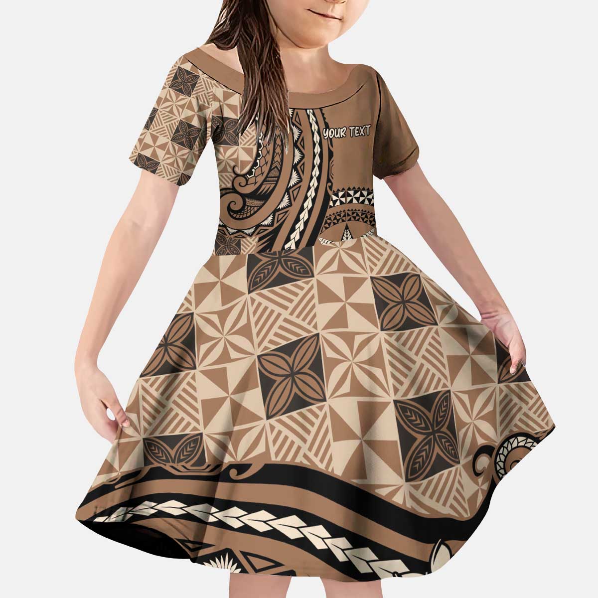 Personalized Tonga Ngatu Kid Short Sleeve Dress Vintage Brown Manulua Motifs LT7 KID Brown - Polynesian Pride