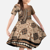 Personalized Tonga Ngatu Kid Short Sleeve Dress Vintage Brown Manulua Motifs LT7 KID Brown - Polynesian Pride