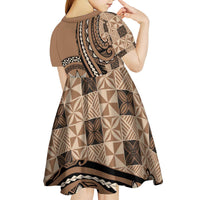 Personalized Tonga Ngatu Kid Short Sleeve Dress Vintage Brown Manulua Motifs LT7 - Polynesian Pride
