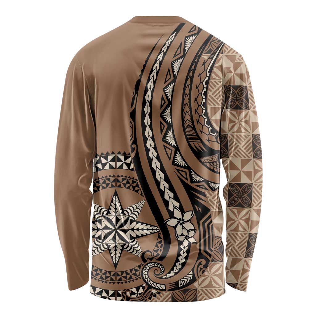 Personalized Tonga Ngatu Long Sleeve Shirt Vintage Brown Manulua Motifs LT7 - Polynesian Pride
