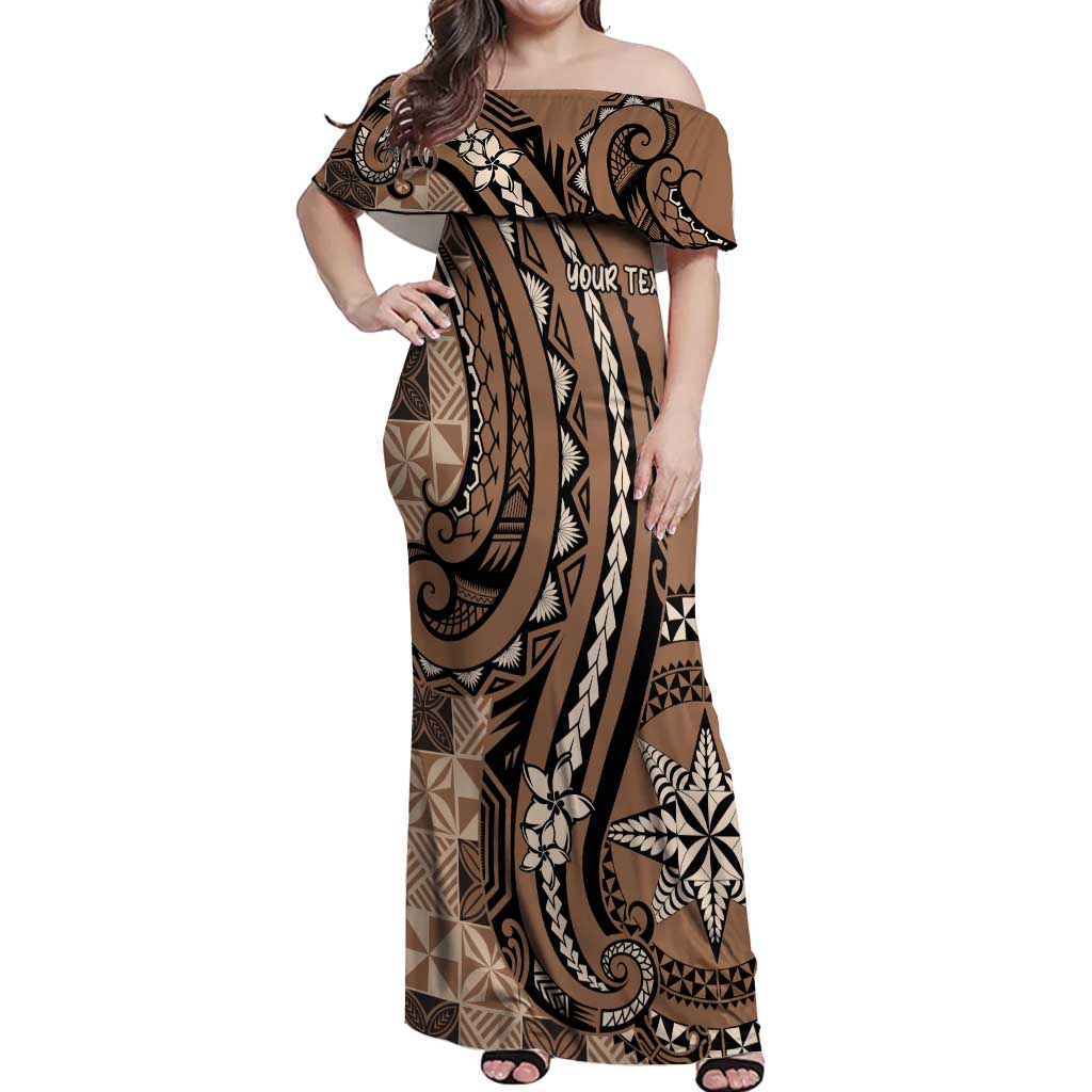 Personalized Tonga Ngatu Off Shoulder Maxi Dress Vintage Brown Manulua Motifs