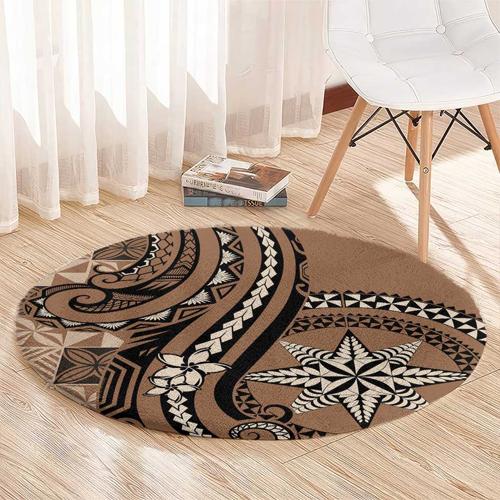 Tonga Ngatu Round Carpet Vintage Brown Manulua Motifs