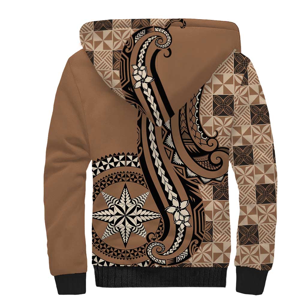 Personalized Tonga Ngatu Sherpa Hoodie Vintage Brown Manulua Motifs