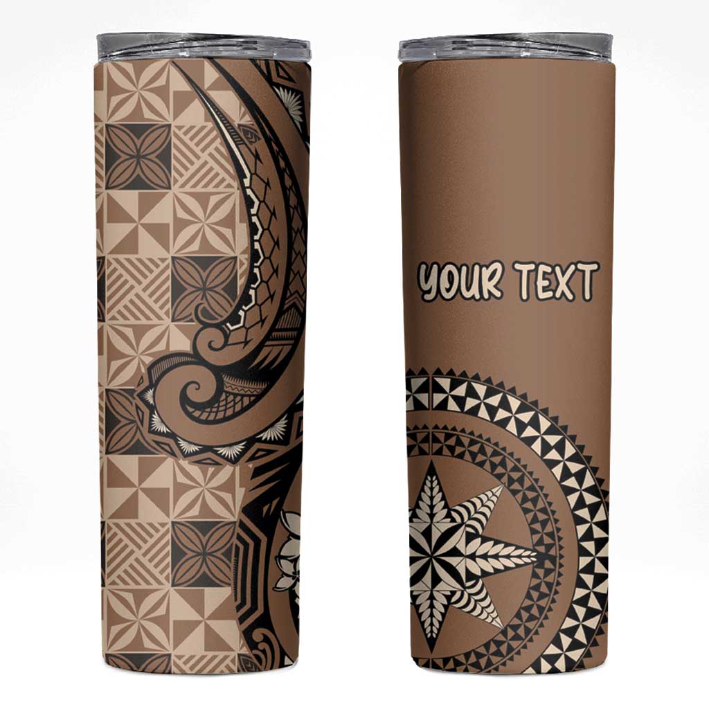 Personalized Tonga Ngatu Skinny Tumbler Vintage Brown Manulua Motifs