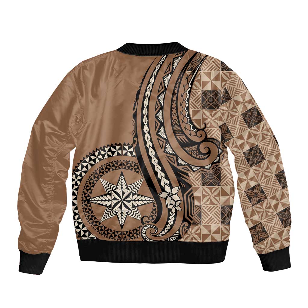 Personalized Tonga Ngatu Sleeve Zip Bomber Jacket Vintage Brown Manulua Motifs