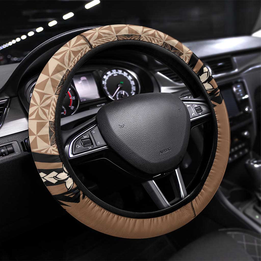 Tonga Ngatu Steering Wheel Cover Vintage Brown Manulua Motifs LT7 Universal Fit Brown - Polynesian Pride